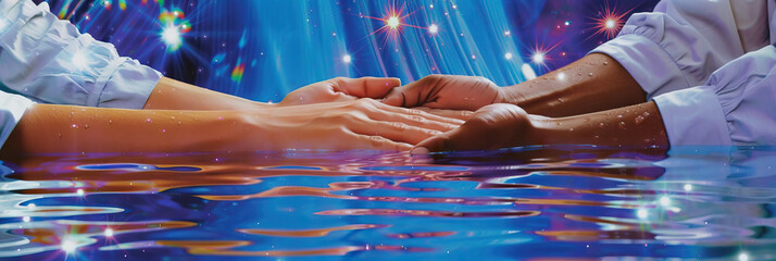 Baptism Ceremony: Gentle Hands Lower into the Waters of Spiritual Renewal - obrazy, fototapety, plakaty