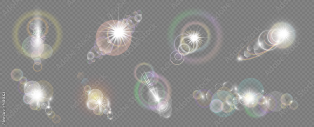 Poster realistic sun flare with lights, reflection on photography camera or glass surface. vector isolated 