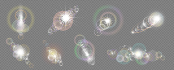 Realistic sun flare with lights, reflection on photography camera or glass surface. Vector isolated twinkle or glow, burst or bokeh, glitter or shiny ray and bubbles sparkling bright set