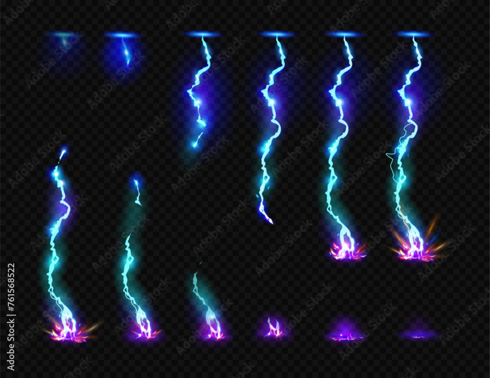 Poster Thunder bolt discharge effect for animation or game location weather elements. Vector isolated realistic lightning strike, energy with glitter and power flashes, hitting floor or ground
