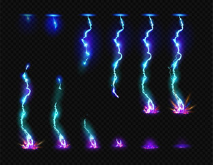 Thunder bolt discharge effect for animation or game location weather elements. Vector isolated realistic lightning strike, energy with glitter and power flashes, hitting floor or ground