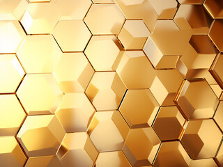 Shimmering polyhedrons on a golden backdrop. AI Generation.