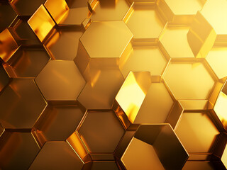 Intricate polyhedrons against a golden image. AI Generation.