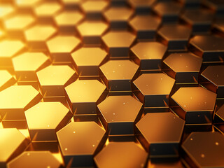 A captivating display of polyhedrons on gold. AI Generation.