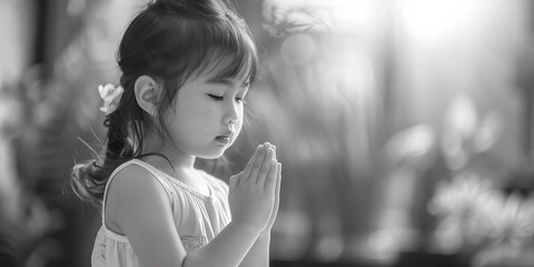 Adorable little asian girl praying at the garden. Spirituality and religion.