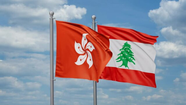 Lebanon and Hong Kong two flags waving together, looped video, two country cooperation concept