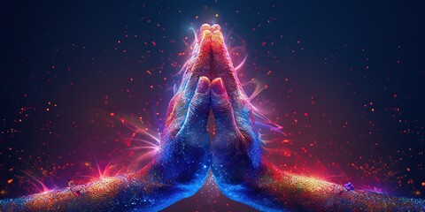 Supernatural Healing Energy - Male hands held parallel and reaching up with sparkling energy swirling upwards on a colorful background and plenty of copy space above