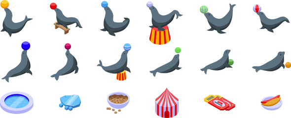 Seal holds ball icons set isometric vector. Animal play. Carnival performance show