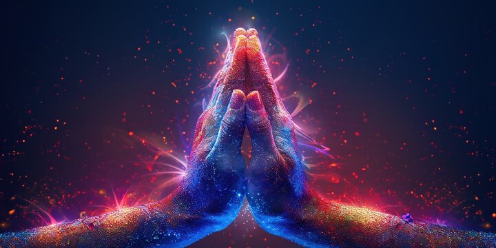 Supernatural Healing Energy - Male hands held parallel and reaching up with sparkling energy swirling upwards on a colorful background and plenty of copy space above