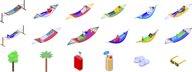 Man relax hammock icons set isometric vector. Beach vacation rest. Tourist outdoor