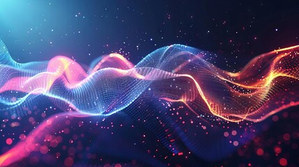 Abstract digital art background with colorful flowing shapes and particles, dynamic motion graphics