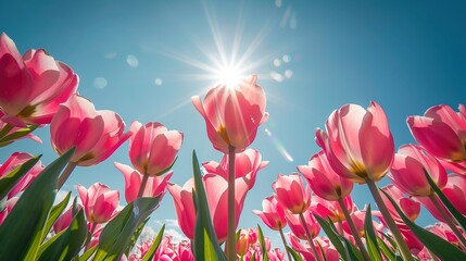 Beautiful Pink Tulips in a Field with the Sun Shining in the Background on a blue sky