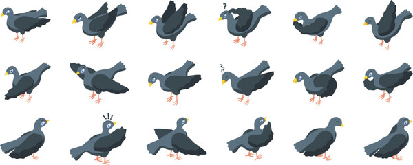 Pigeon mascot icons set isometric vector. Angry bird. Dove funny character