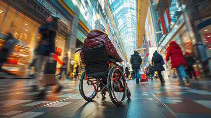 In a busy urban shopping center, a person in a wheelchair navigates through the bustling crowd, representing the everyday movement and accessibility in public spaces. Inclusivity in modern society. - obrazy, fototapety, plakaty