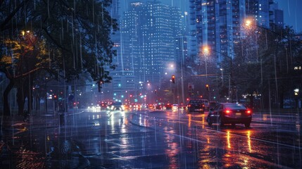 Fototapeta premium street of a city at night with rain