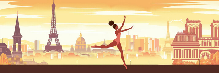 flat illustration, the Summer Olympic Games in Paris, an elegant gymnast against the background of the Eiffel Tower and a panorama of the city's attractions