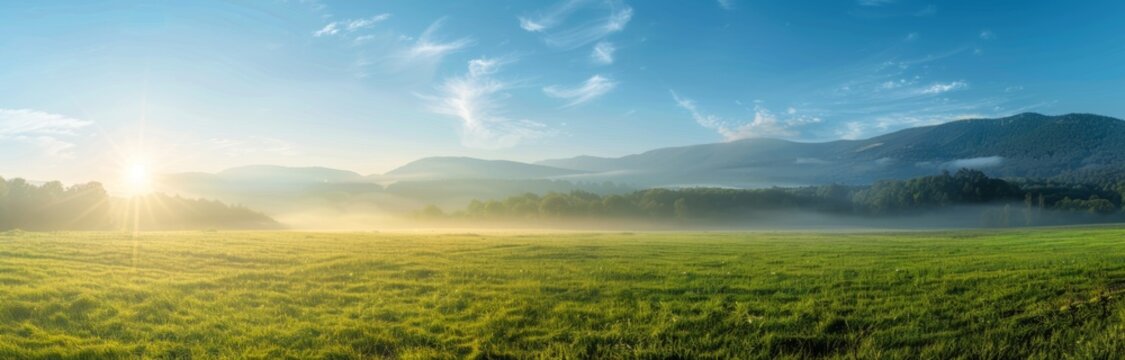 panoramic view of a foggy meadow with grass and trees in the background, mountains in the far distance, a blue sky, bright sun rays shining through the mist Generative AI