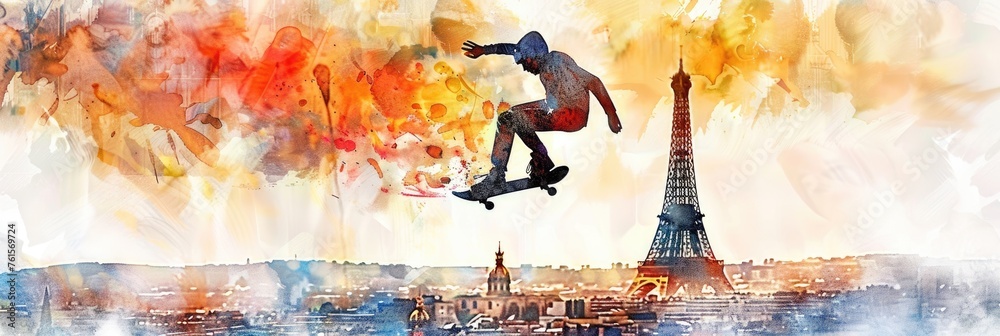 Wall mural flat illustration, the summer olympic games in paris, a skateboarder jumping against the background 