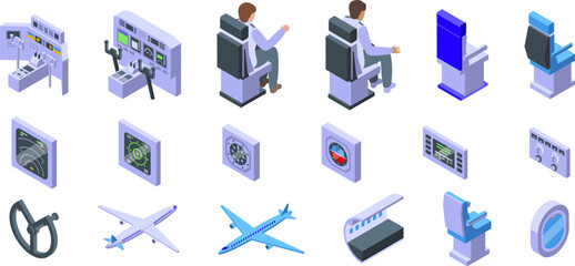 Airplane cockpit icons set isometric vector. Airplane dashboard. Panel control switch - 761569702