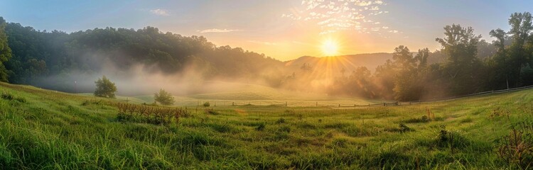 panoramic view of misty meadow in the blue ridge mountains at sunrise with hills and trees in background Generative AI