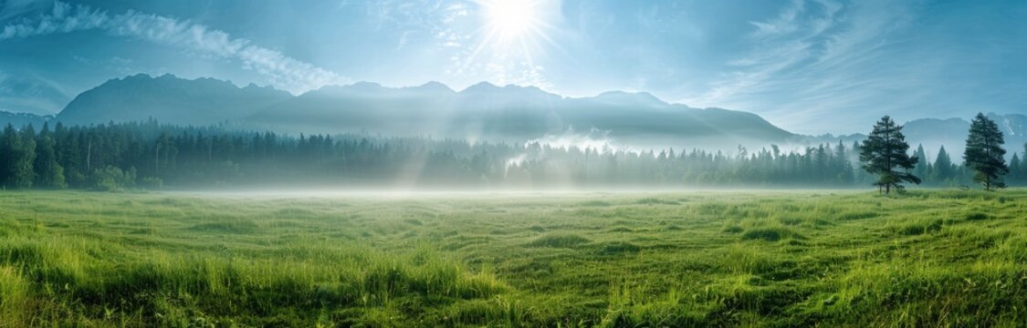 panoramic view of foggy meadow with grass and trees in the background Generative AI