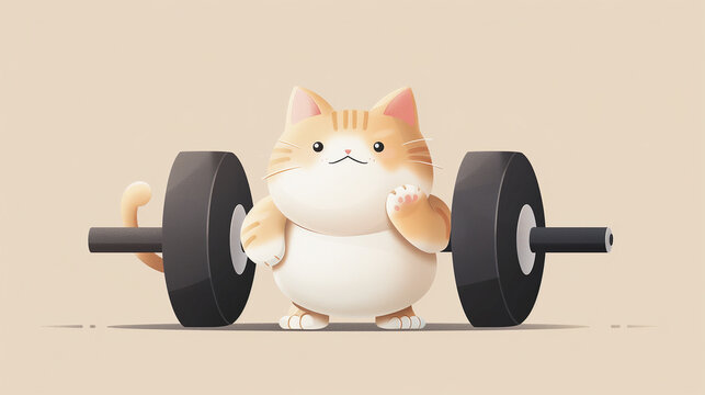 Obese orange cat lifting weights in order to lose weight. An obese cat confidently sits on top of a heavy barbell, Ai generated image