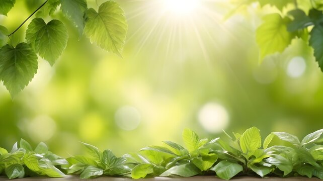 Image of green leaves on a branch against a blurred green leaves background with sunlight