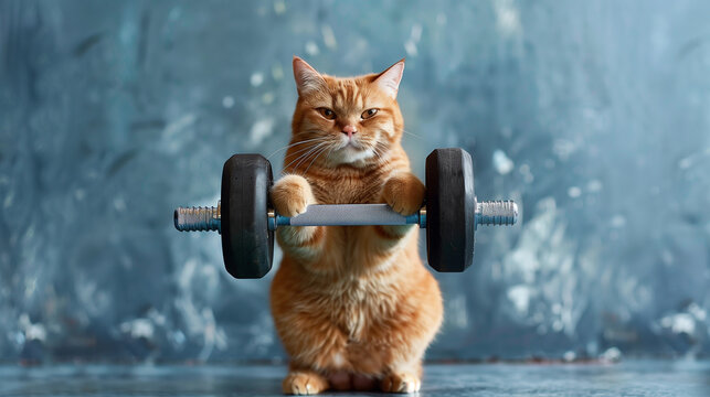 Obese orange cat lifting weights in order to lose weight. An obese cat confidently sits on top of a heavy barbell, Ai generated image