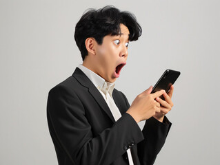 Exaggerated surprised face of business people character look at mobile phone