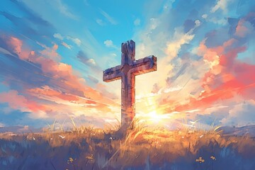Watercolor illustration of the cross with rays coming out, in front of clouds at sunset