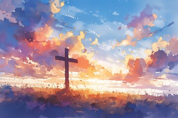Watercolor illustration of the cross with rays coming out, in front of clouds at sunset, Christian art style