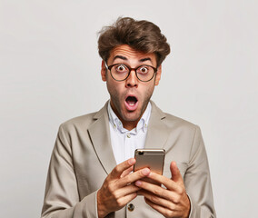 Exaggerated surprised face of business people character look at mobile phone