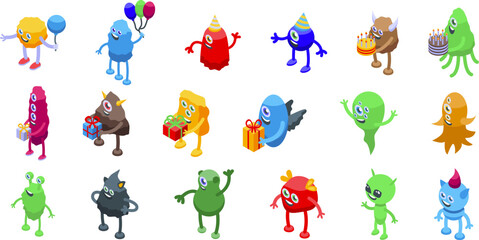 Monster birthday party icons set isometric vector. Balloon present. Holiday surprise © ylivdesign