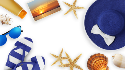 Top view of sea beach holiday accessories: Blue sun hat, sunglasses, flip flops, seashell, starfish, and sunscreen. Summer beach vacation banner sign, copy space isolated on white background