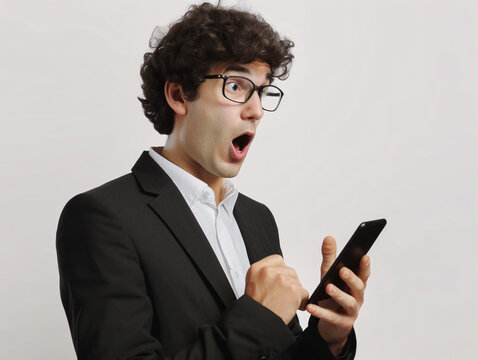 Exaggerated surprised face of business people character look at mobile phone