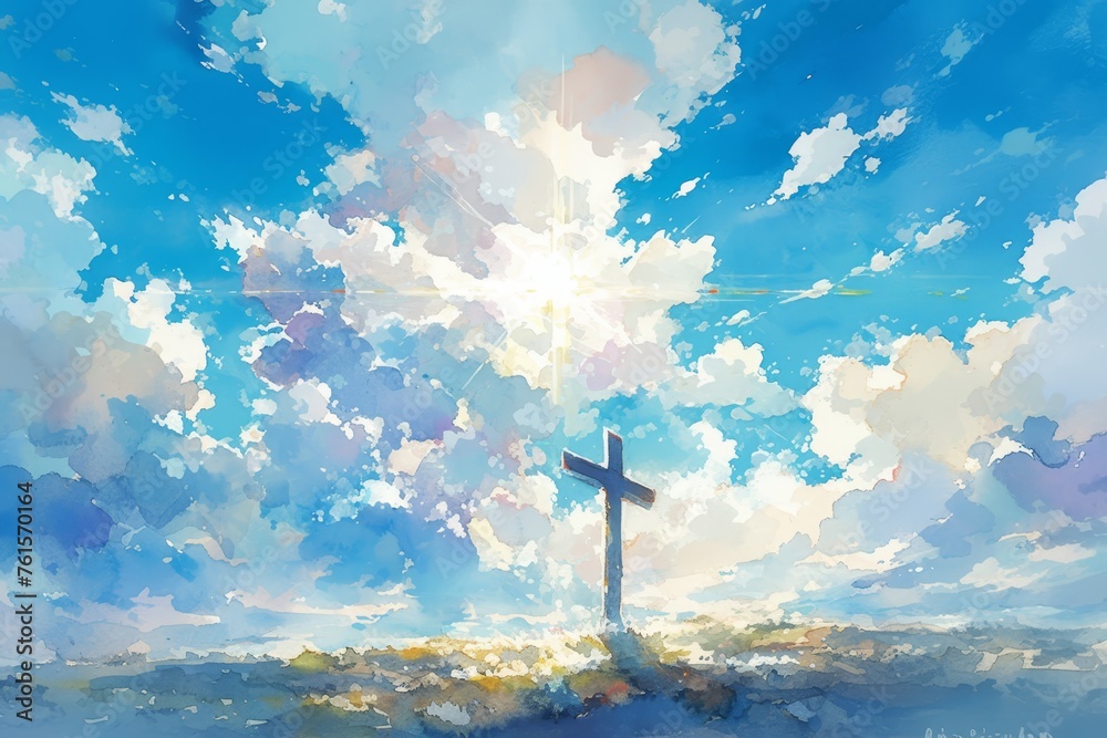 Wall mural Watercolor painting of an enormous cross shining in the sky, with clouds below it, on Easter morning