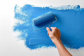 Person Painting Wall With Blue Paint