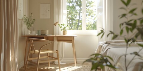 A small room with a desk and a chair, a window with a plant in it, and a bed