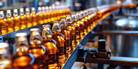 A row of bottles on a conveyor belt - obrazy, fototapety, plakaty