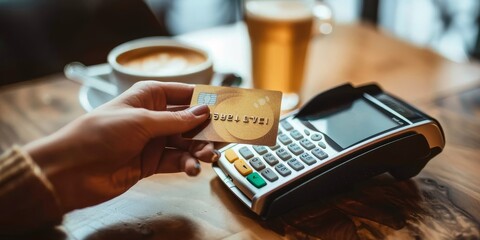 A person is using a credit card reader to pay for a coffee - obrazy, fototapety, plakaty