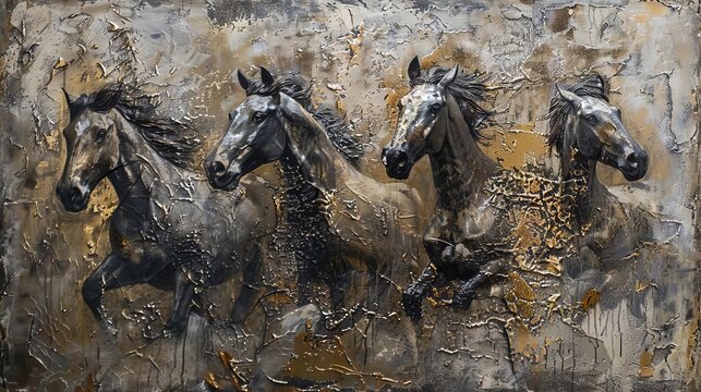 Abstract textured metallic background with freehand animal horses, modern art oil painting on canvas