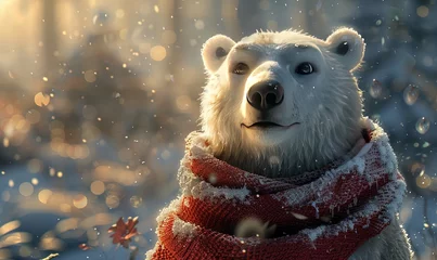 Foto op Aluminium A cute, smiling bear wearing a red scarf in snowy weather. © Olha