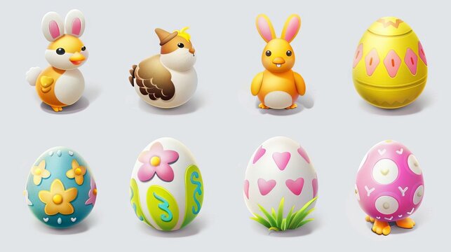 Collection set of 3D Easter icons isolated on transparent or white background, holiday themed graphics