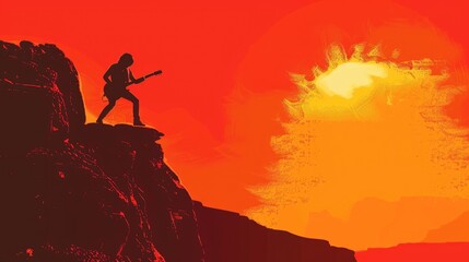 watercolor illustration, World Rock-n-roll Day, guitarist on a red background, high mountain, sunset, vintage style, copy space, place for text