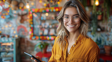 Obraz premium A happy woman interacts with her smartphone in a colorful, modern setting, representing the connectedness of today's lifestyle.