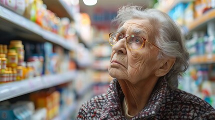 Concerned old lady worried about high food prices and inflation in pharmacy, economic concept photo - obrazy, fototapety, plakaty