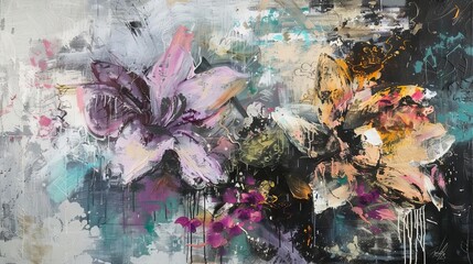 Contemporary abstract painting, metal texture, floral and animal elements, expressive brushstrokes - obrazy, fototapety, plakaty