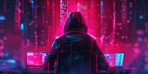 Dangerous hooded hacker. Internet, cyber crime, cyber attack, system breaking and malware concept. Dark face. Anonymous holding smart phone and laptop in hands. - obrazy, fototapety, plakaty