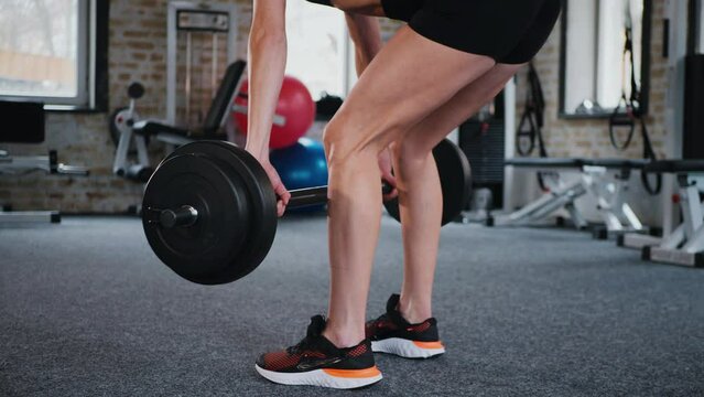 Woman in gym squatting with barbell. Fitness enthusiast doing squats with weights. Strong woman lifting barbell in workout. Female exercising with barbell in gym. Woman performing core exercise in gym
