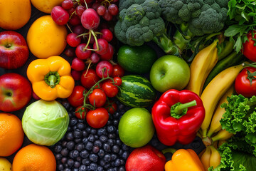 Top view of fresh assorted fruits and vegetables. bright color. Generative AI.